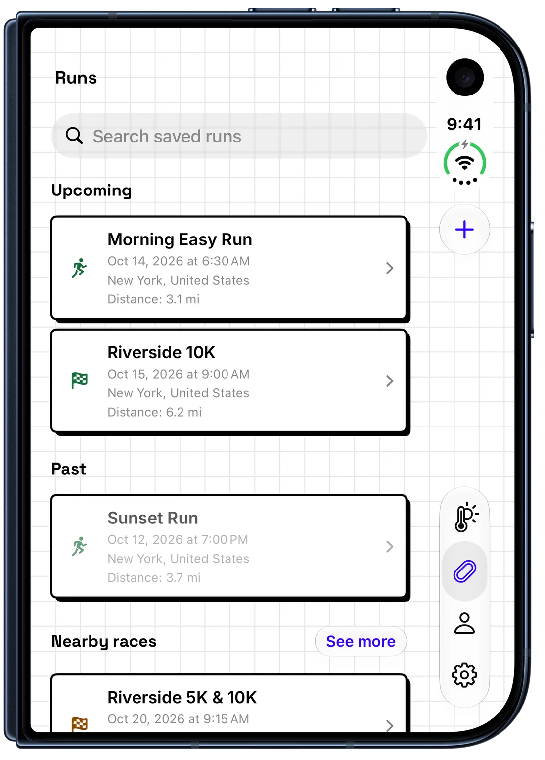 Upcoming and past saved runs in WeatherToRun on iPhone (iPhone Duo)
