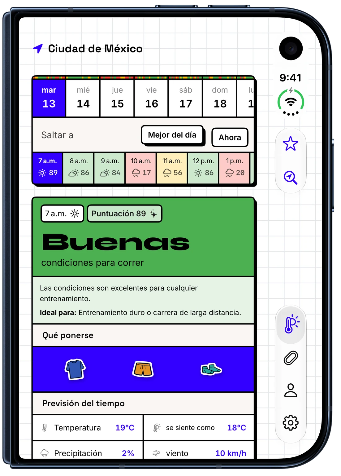 WeatherToRun muestra puntuaciones por hora y ropa para correr en un iPhone