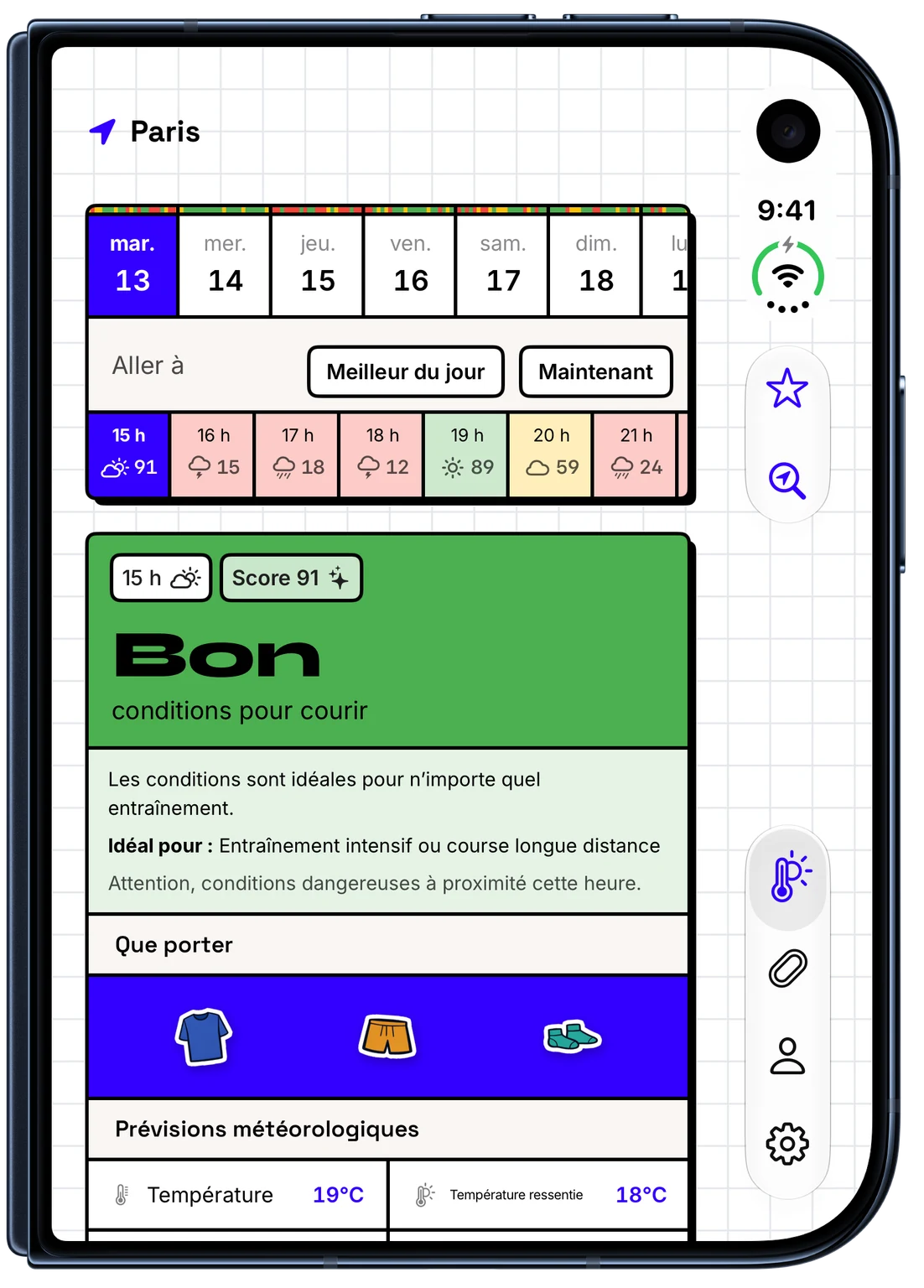 WeatherToRun affiche des scores horaires et une tenue de course sur iPhone