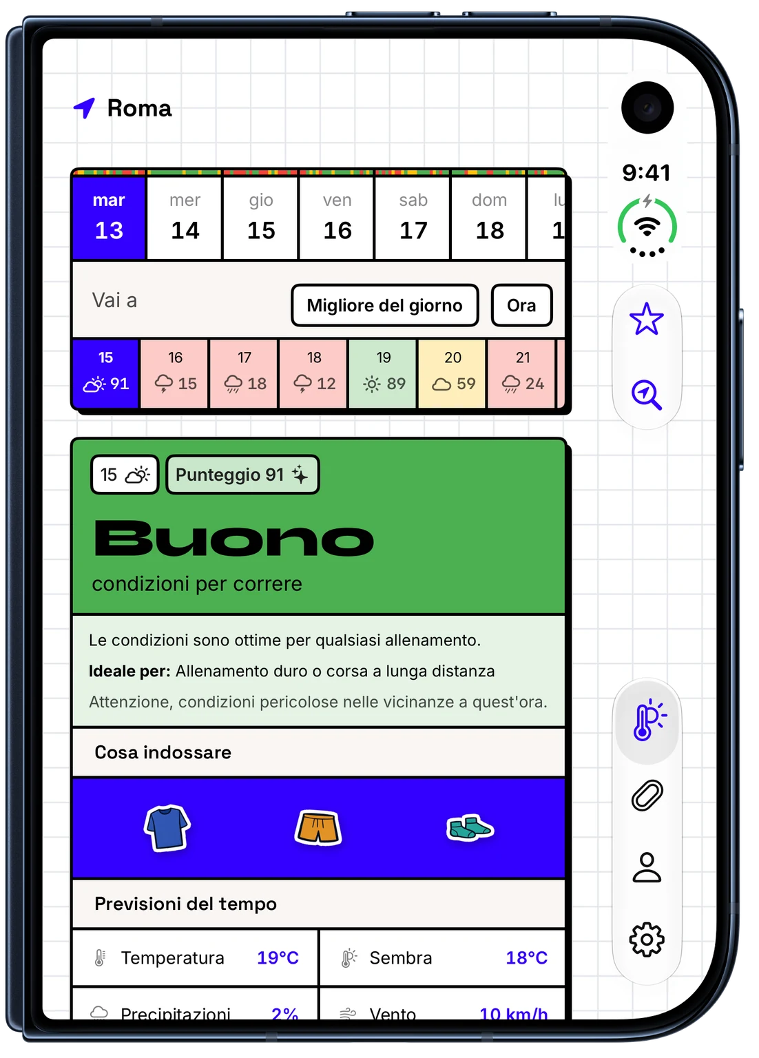 WeatherToRun mostra punteggi orari e abbigliamento da corsa su iPhone