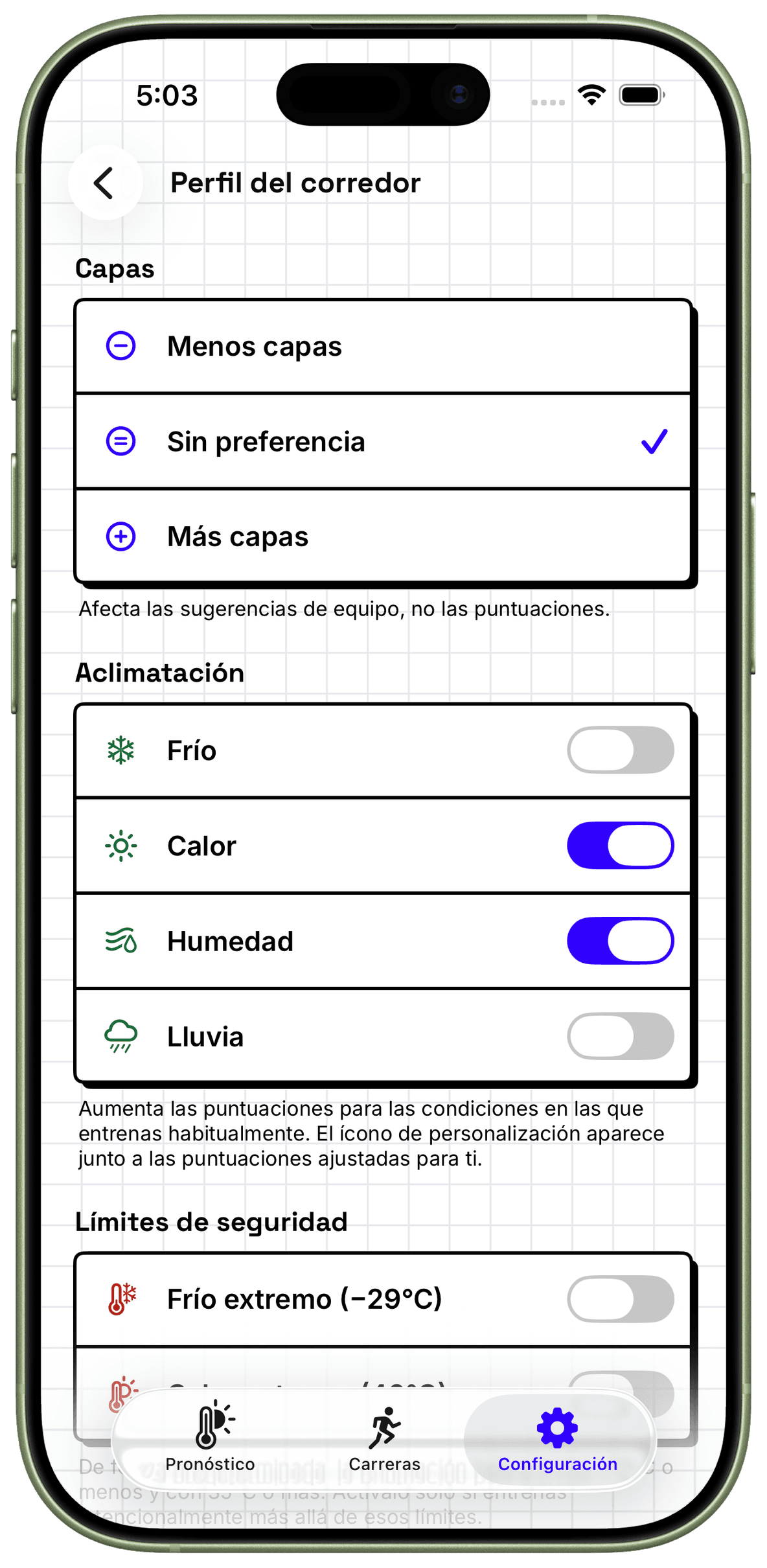 Perfil de carrera de WeatherToRun con controles de capas y aclimatación en un iPhone