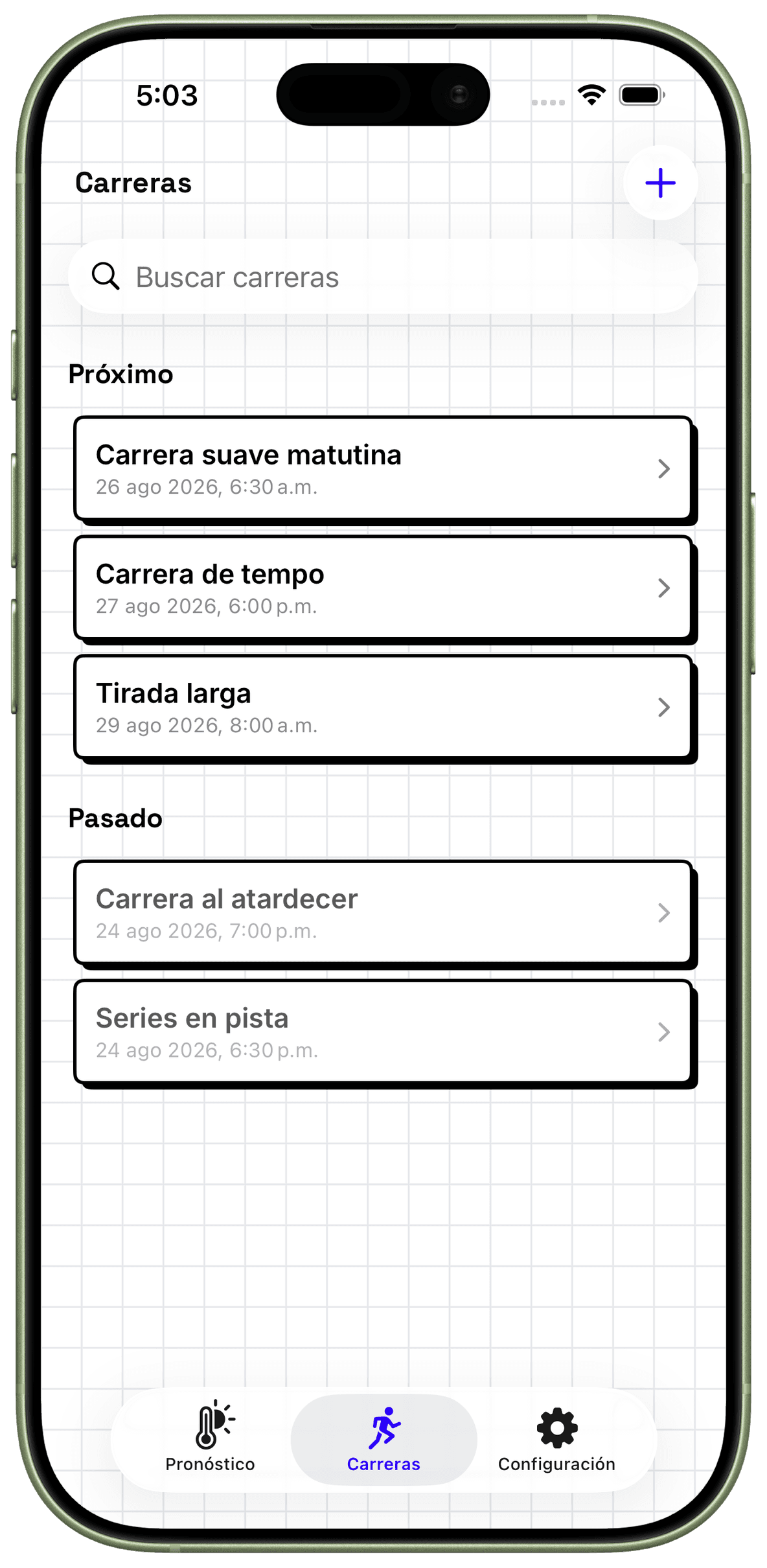 Carreras próximas y anteriores guardadas en WeatherToRun para iPhone