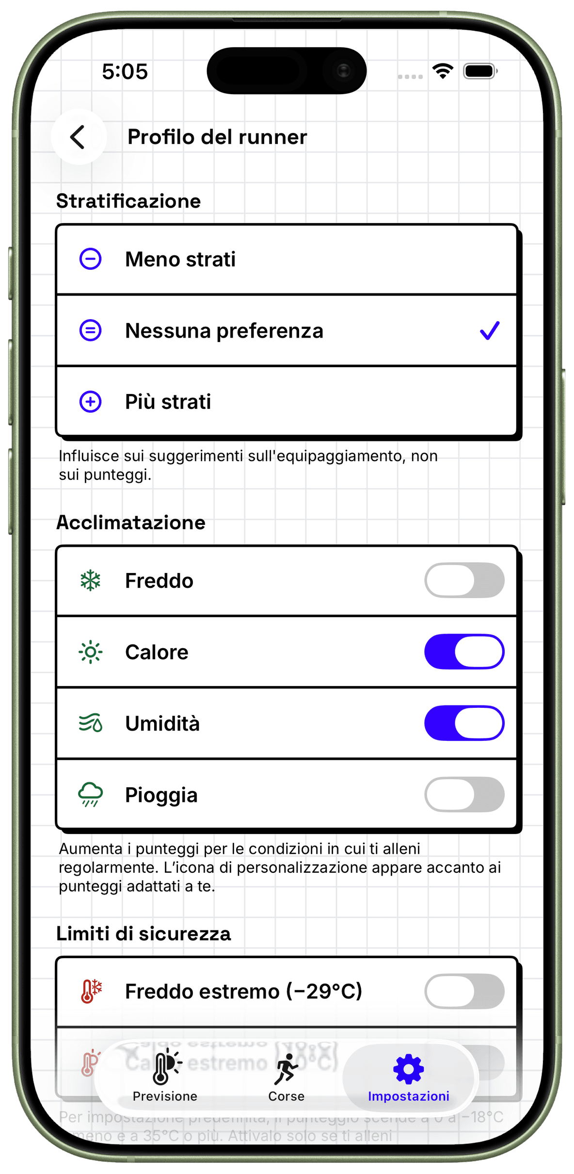 Profilo di corsa WeatherToRun con controlli per strati e acclimatazione su iPhone