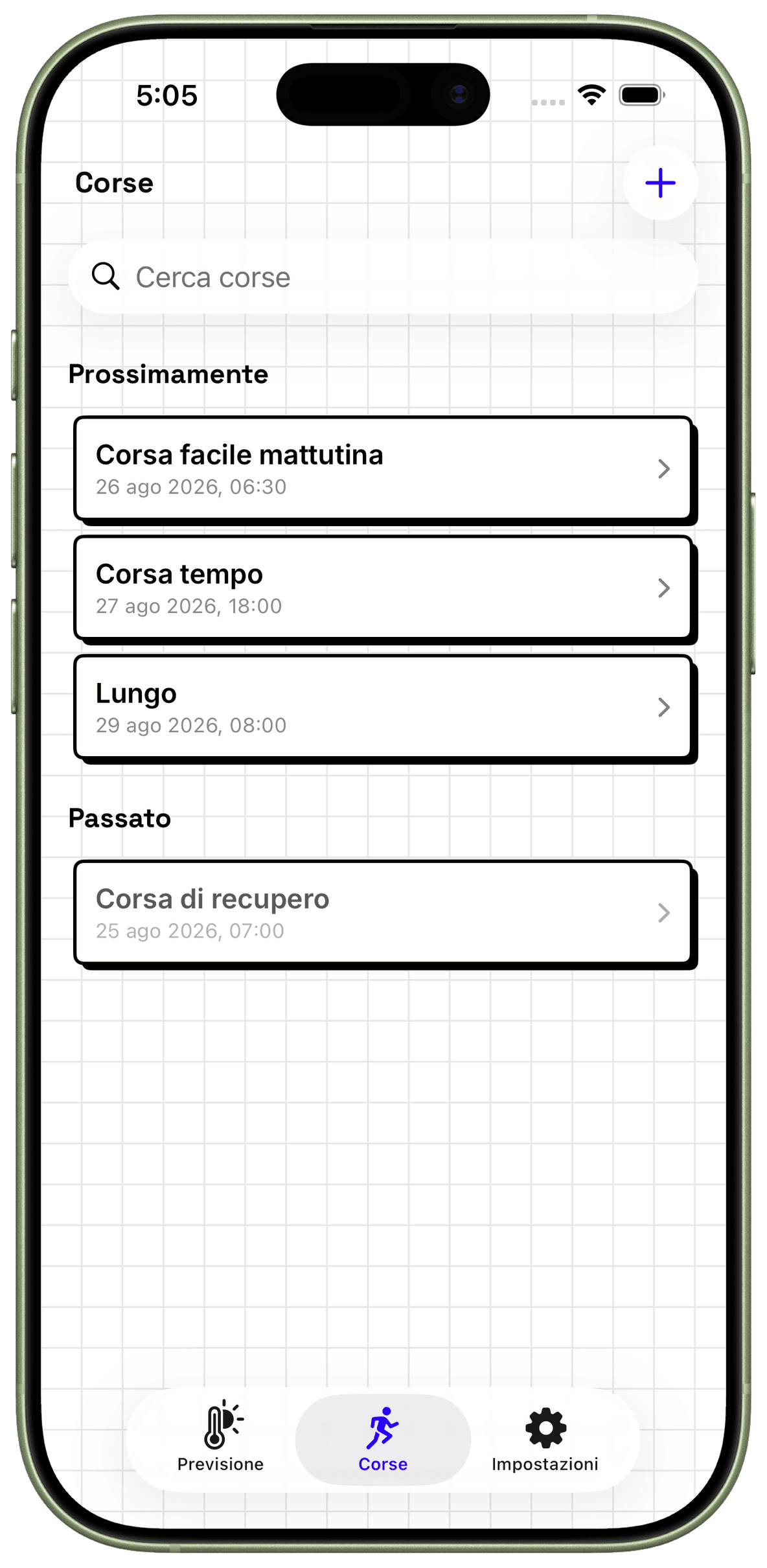 Corse future e passate salvate in WeatherToRun su iPhone