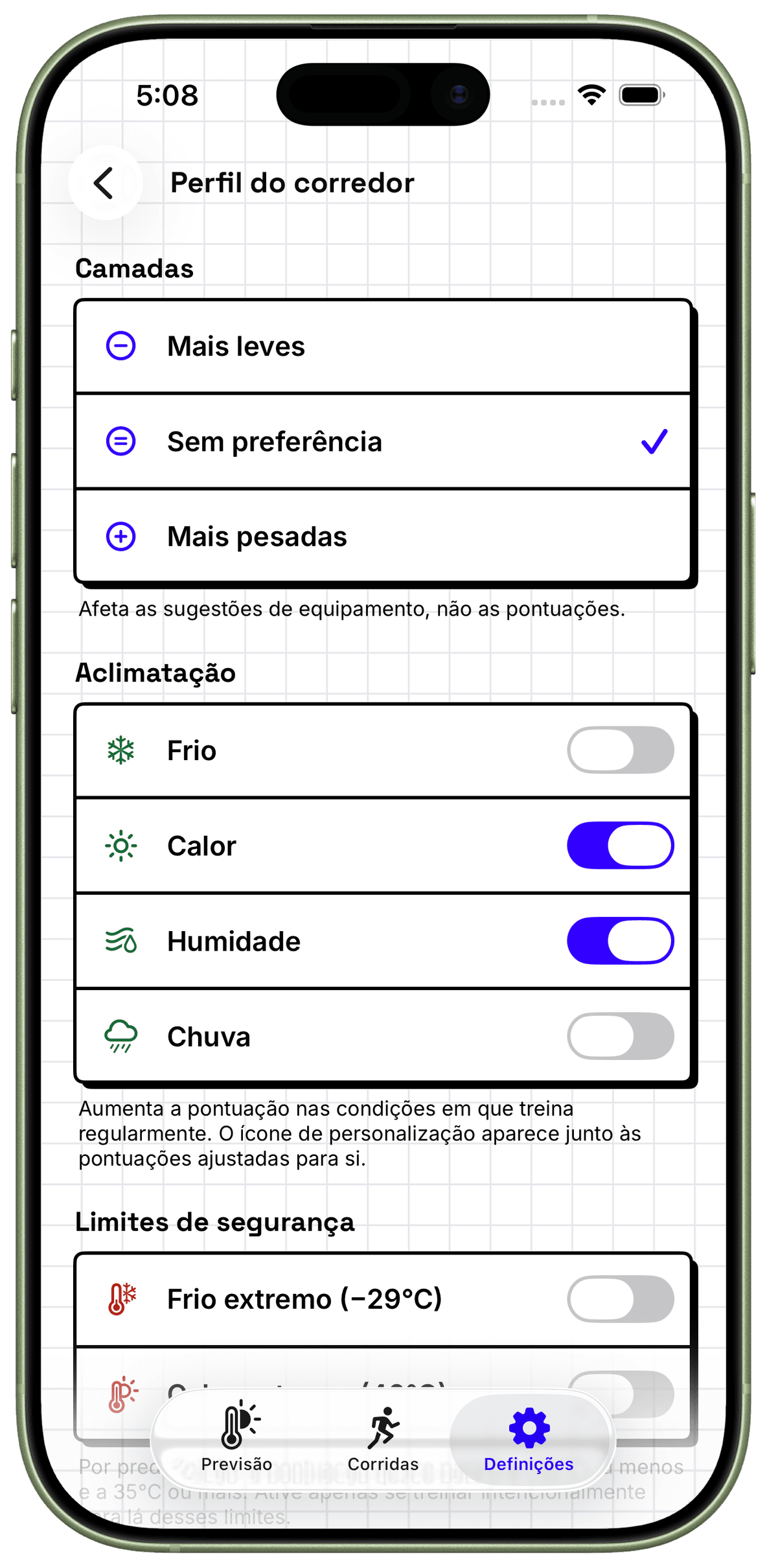 Perfil de corrida do WeatherToRun com controlos de camadas e aclimatação num iPhone