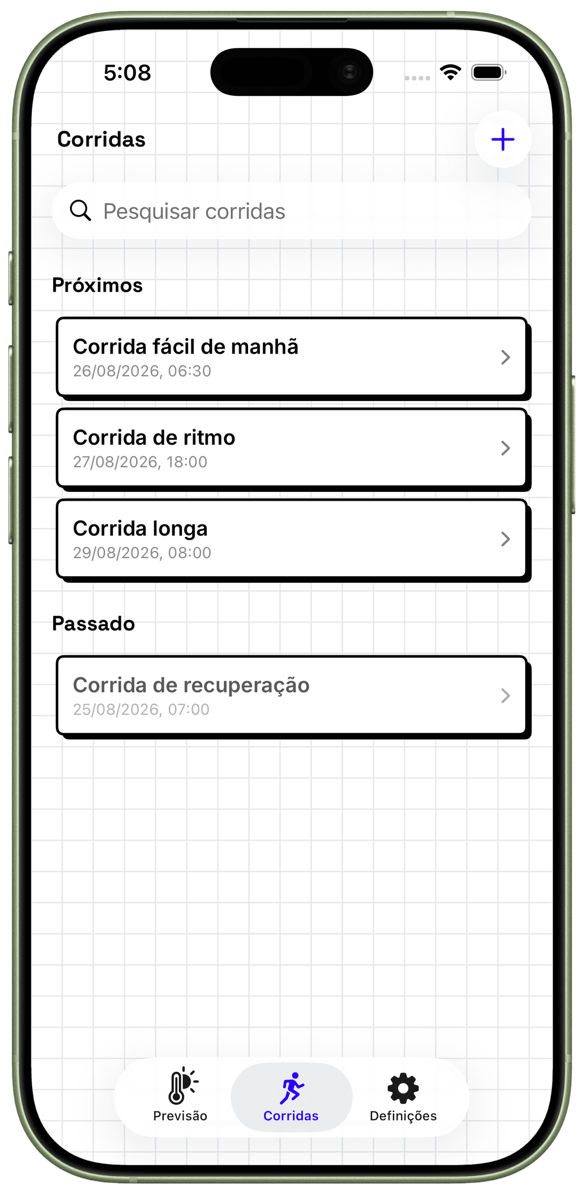 Corridas futuras e anteriores guardadas no WeatherToRun para iPhone