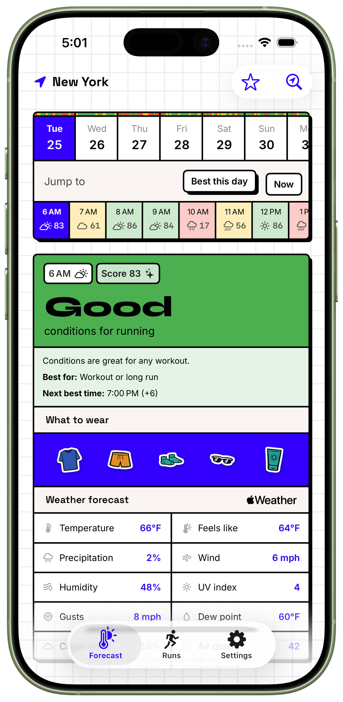 WeatherToRun showing hourly running scores and gear on iPhone