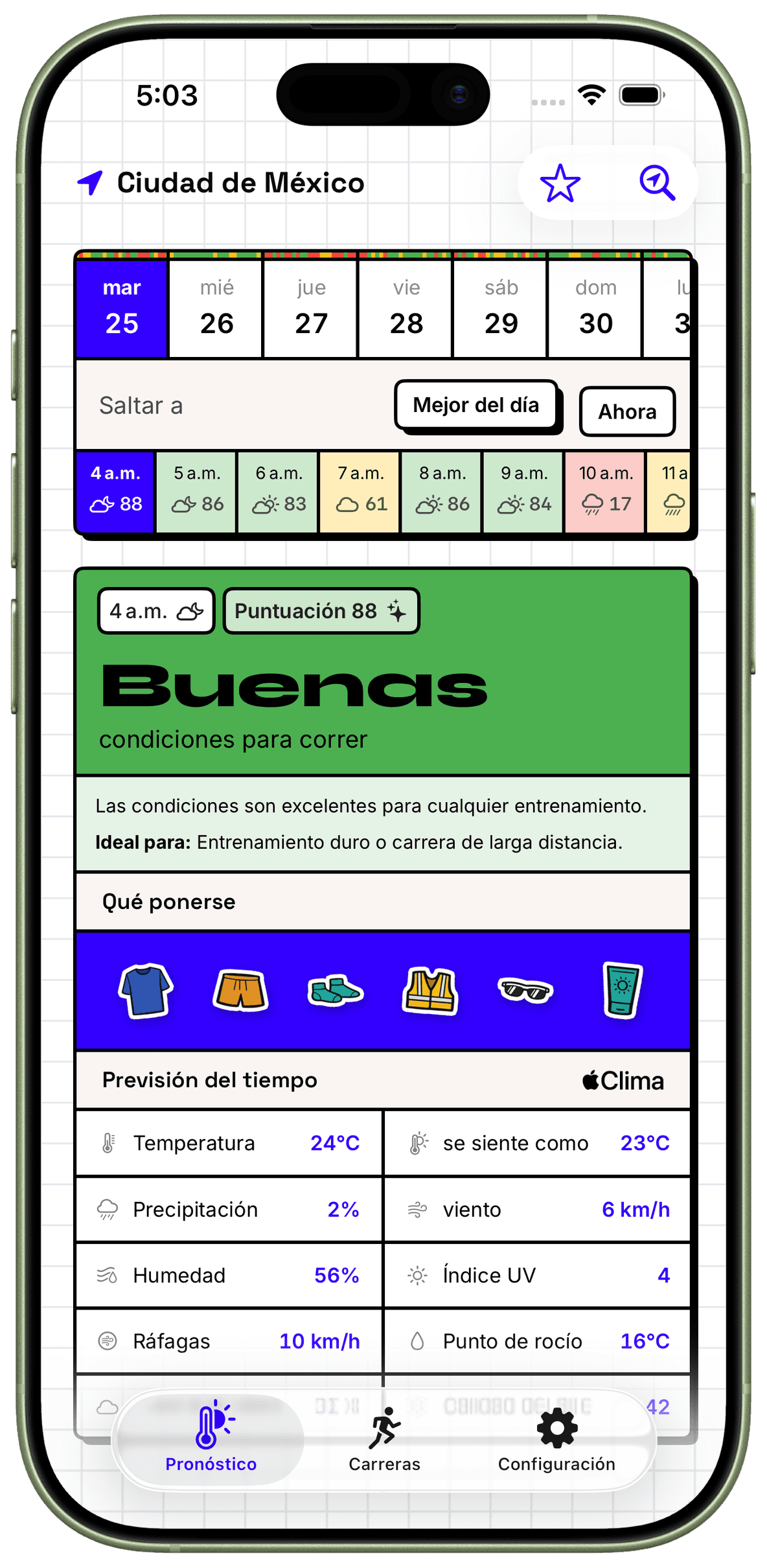 WeatherToRun muestra puntuaciones por hora y ropa para correr en un iPhone