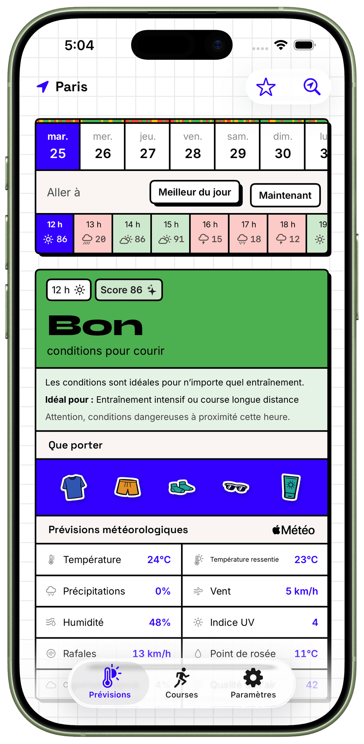 WeatherToRun affiche des scores horaires et une tenue de course sur iPhone