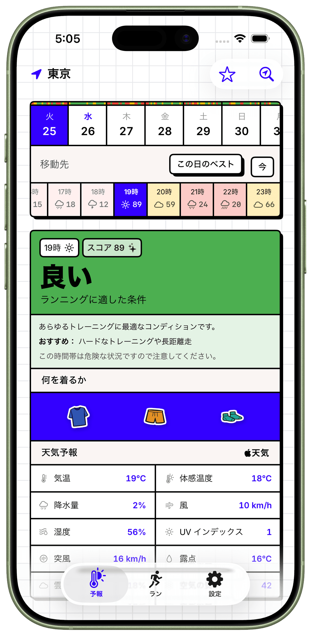 iPhoneで時間別ランニングスコアと服装を表示するWeatherToRun