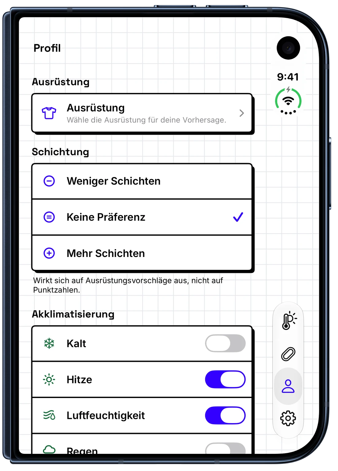WeatherToRun Laufprofil mit Einstellungen für Kleidungsschichten und Akklimatisierung auf dem iPhone (iPhone Duo)