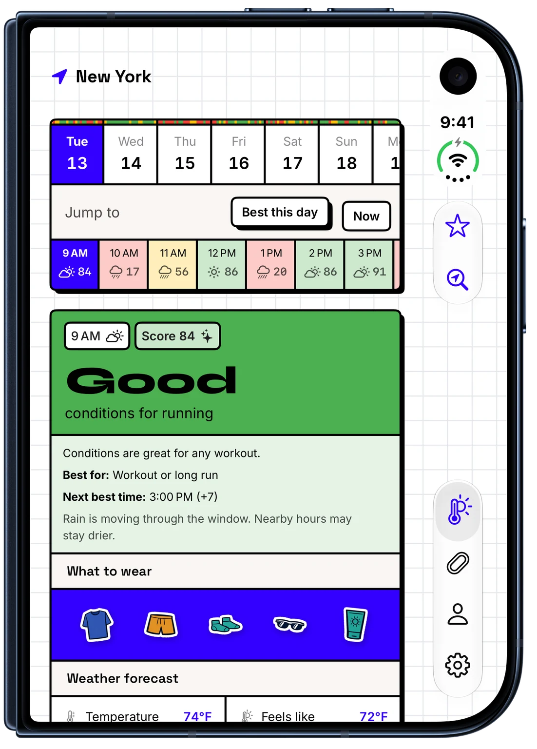 WeatherToRun showing hourly running scores and gear on iPhone