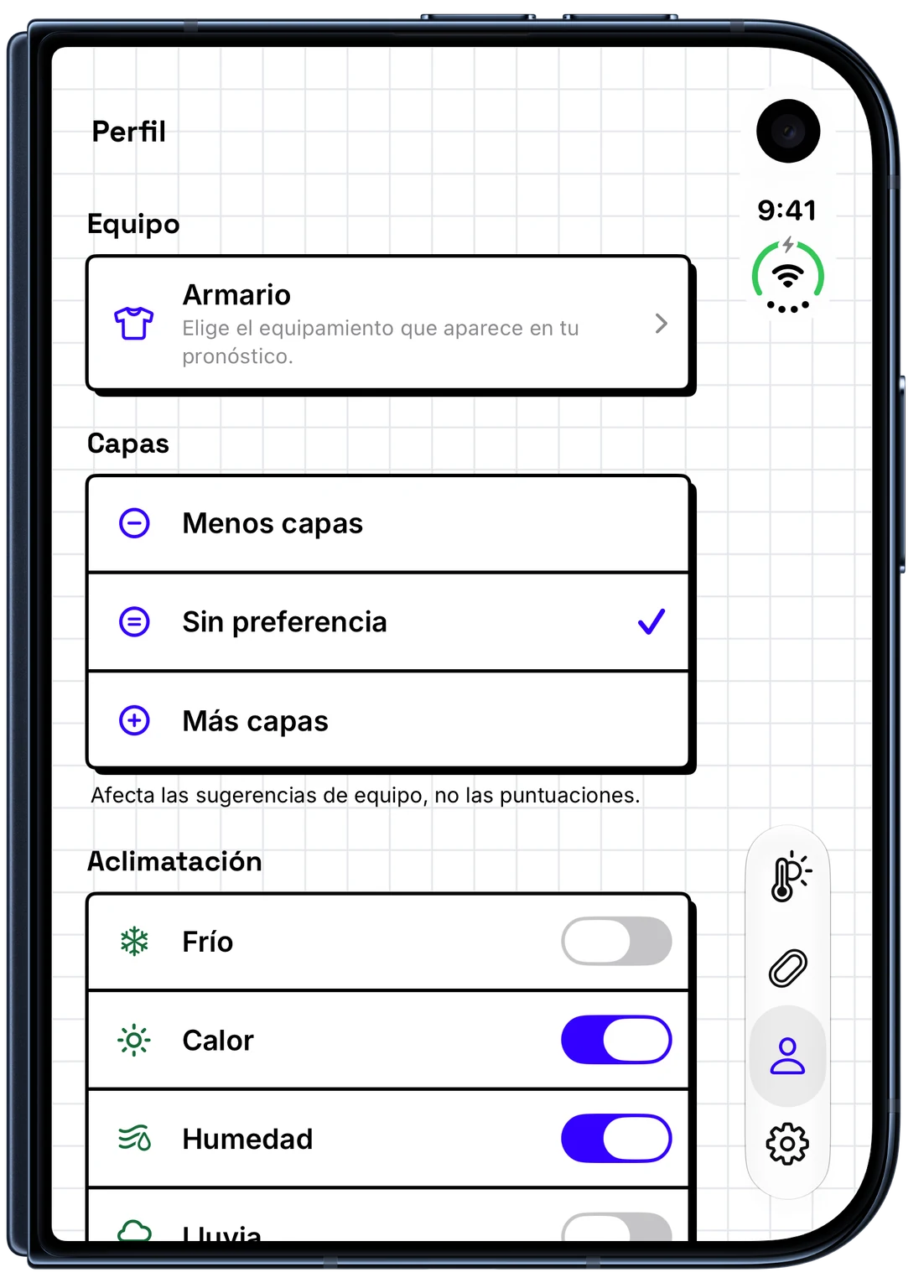 Perfil de carrera de WeatherToRun con controles de capas y aclimatación en un iPhone (iPhone Duo)