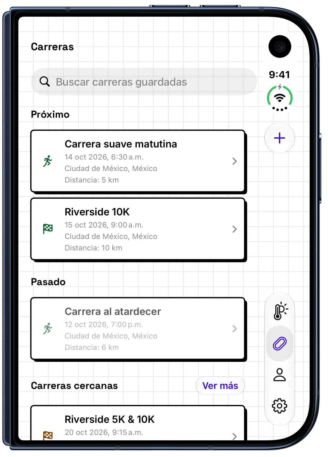 Carreras próximas y anteriores guardadas en WeatherToRun para iPhone (iPhone Duo)