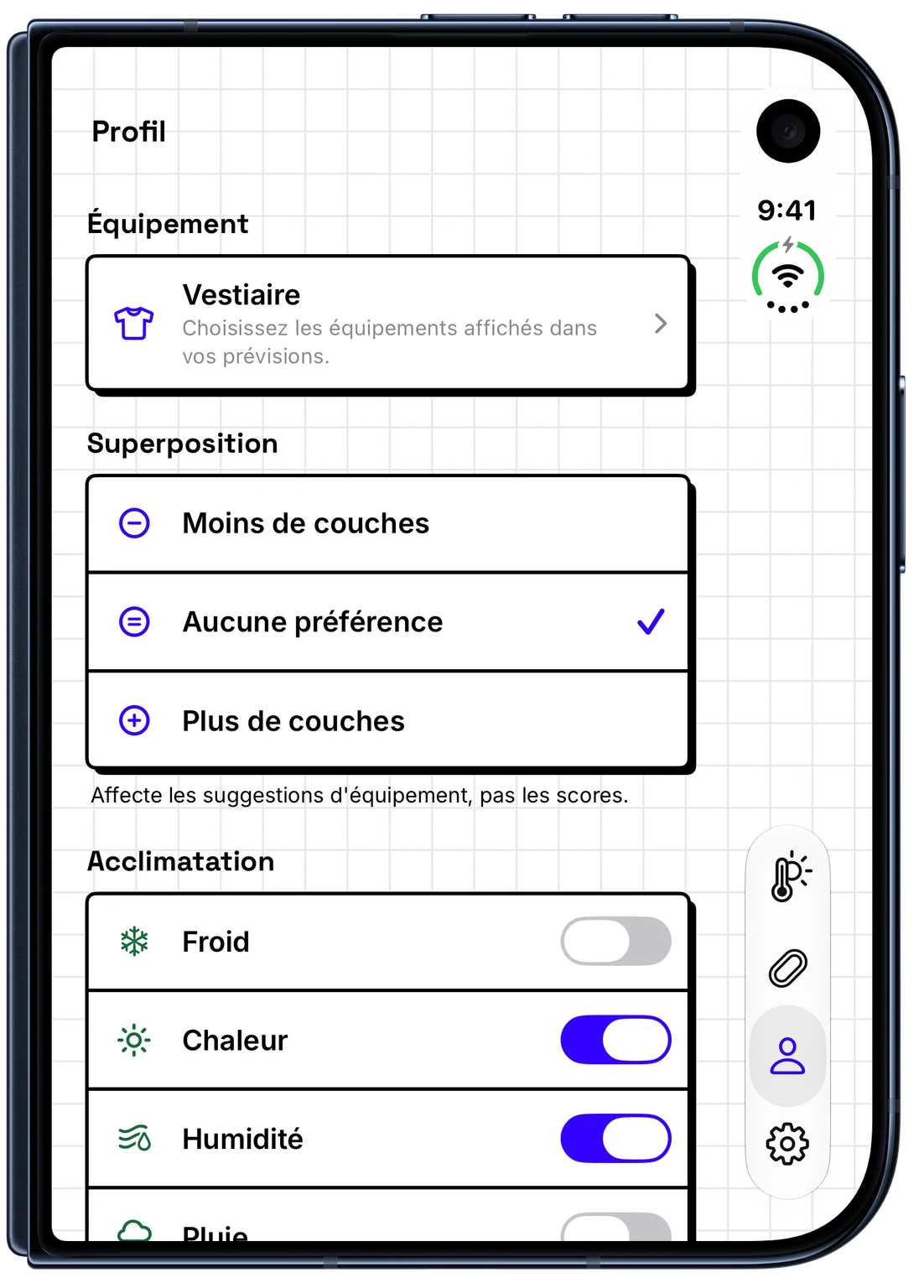Profil de course WeatherToRun avec réglages de superposition et d’acclimatation sur iPhone (iPhone Duo)