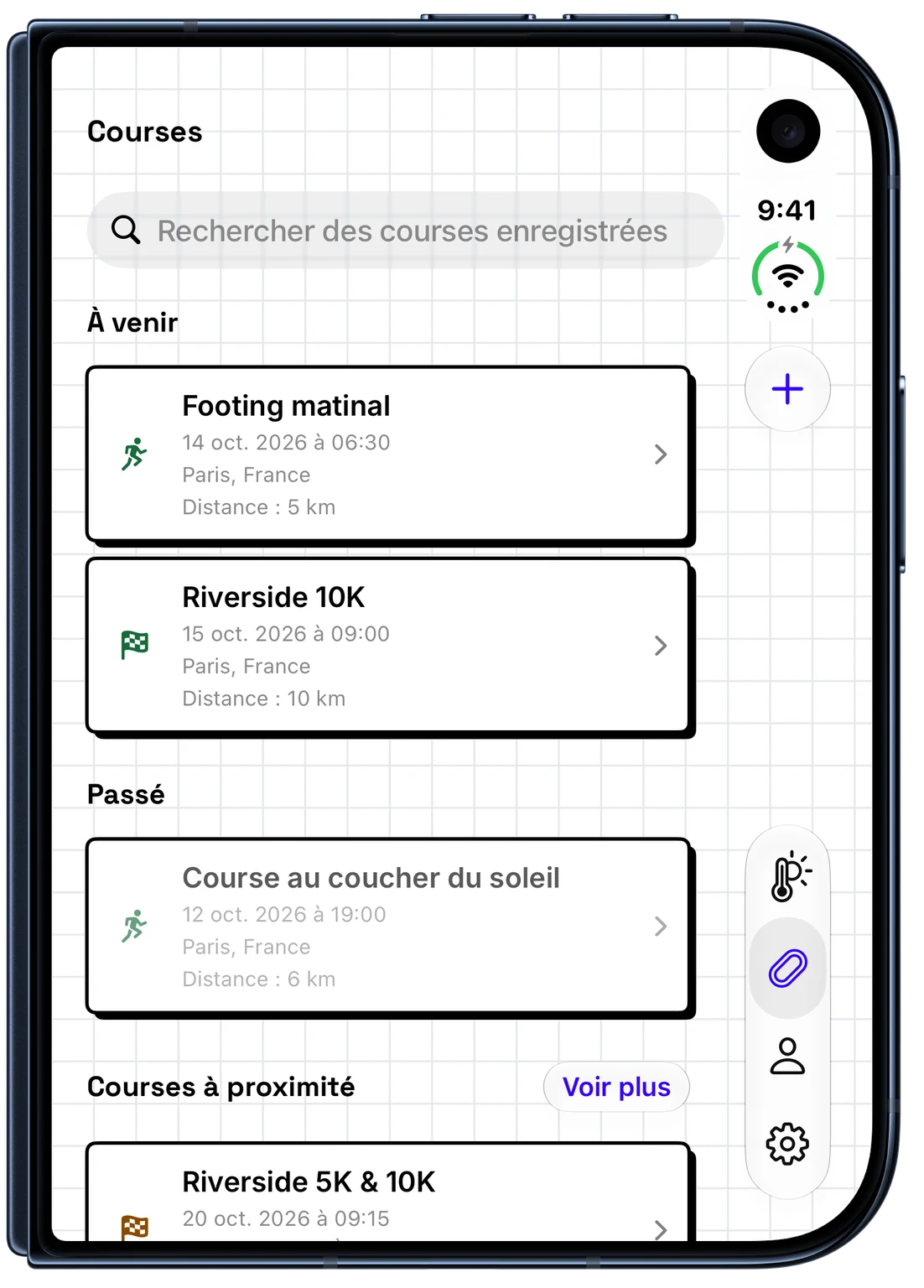 Sorties à venir et passées enregistrées dans WeatherToRun sur iPhone (iPhone Duo)