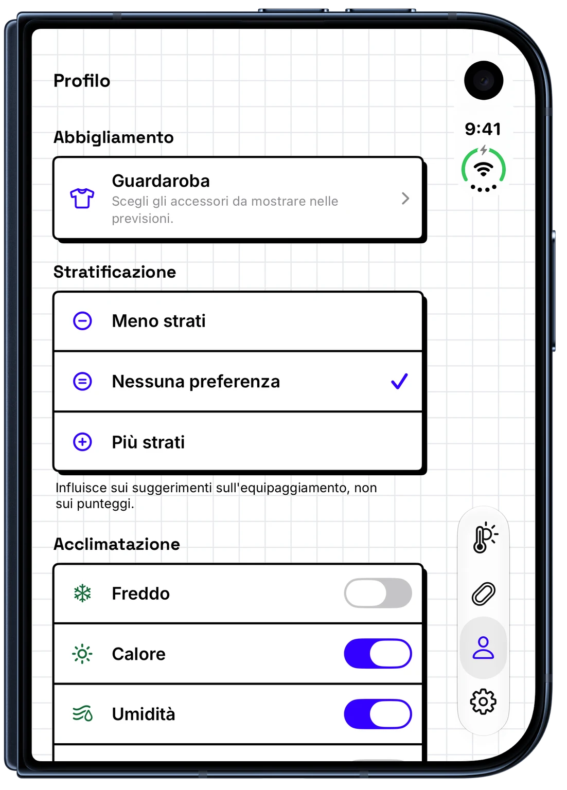 Profilo di corsa WeatherToRun con controlli per strati e acclimatazione su iPhone (iPhone Duo)