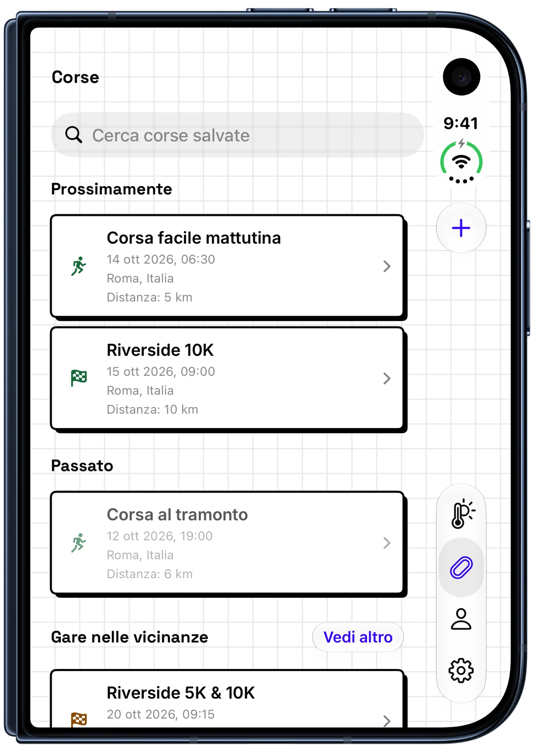 Corse future e passate salvate in WeatherToRun su iPhone (iPhone Duo)