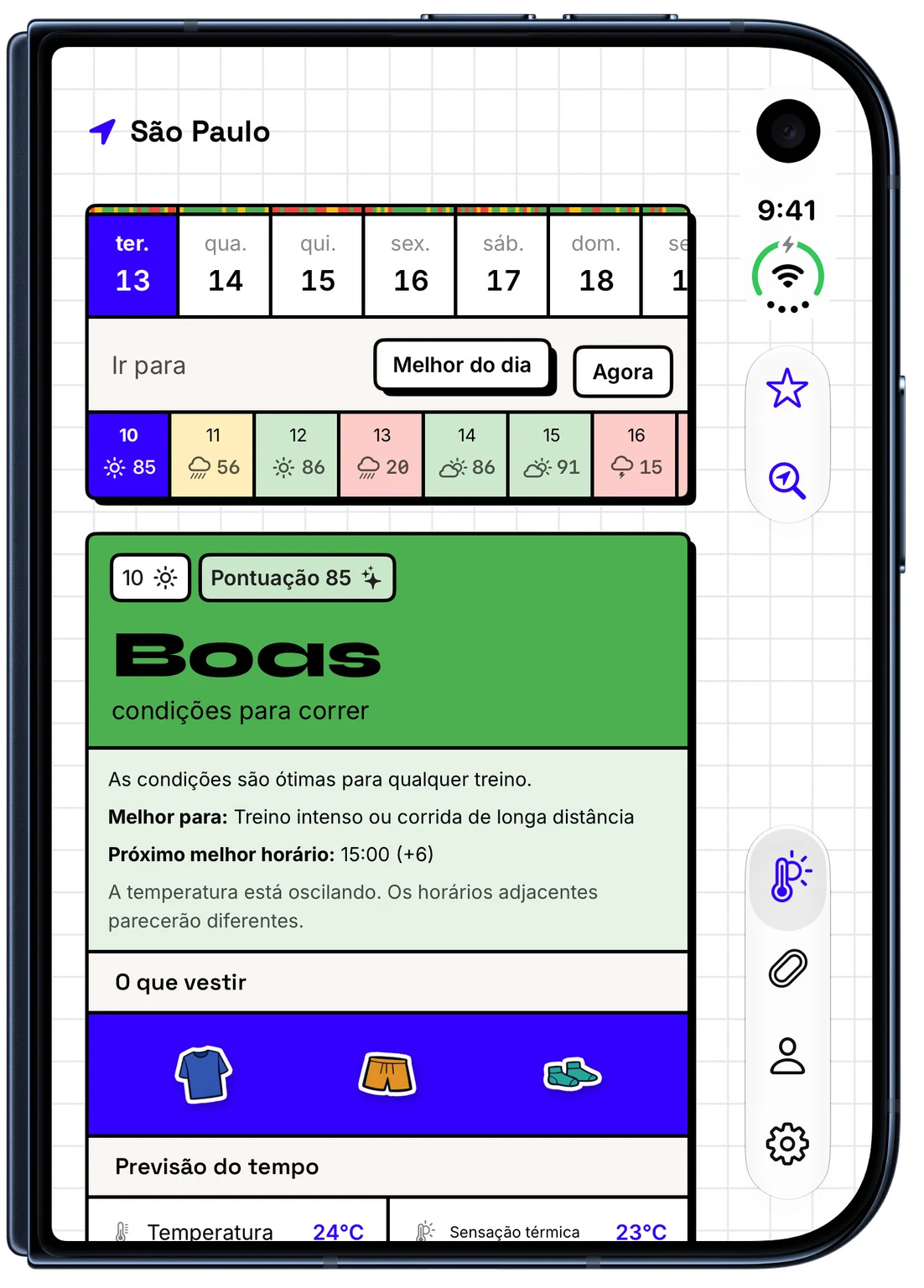 WeatherToRun mostra condições e roupas para corrida por hora em um iPhone (iPhone Duo)