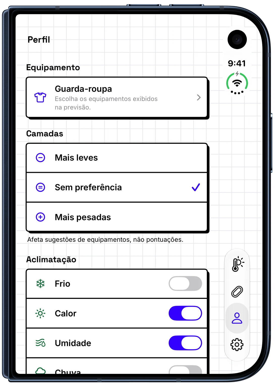 Perfil de corrida do WeatherToRun com controles de camadas e aclimatação em um iPhone (iPhone Duo)