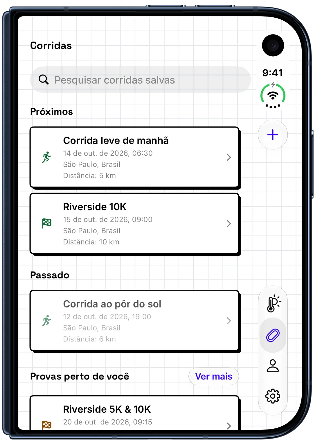 Corridas salvas, futuras e anteriores, no WeatherToRun para iPhone (iPhone Duo)