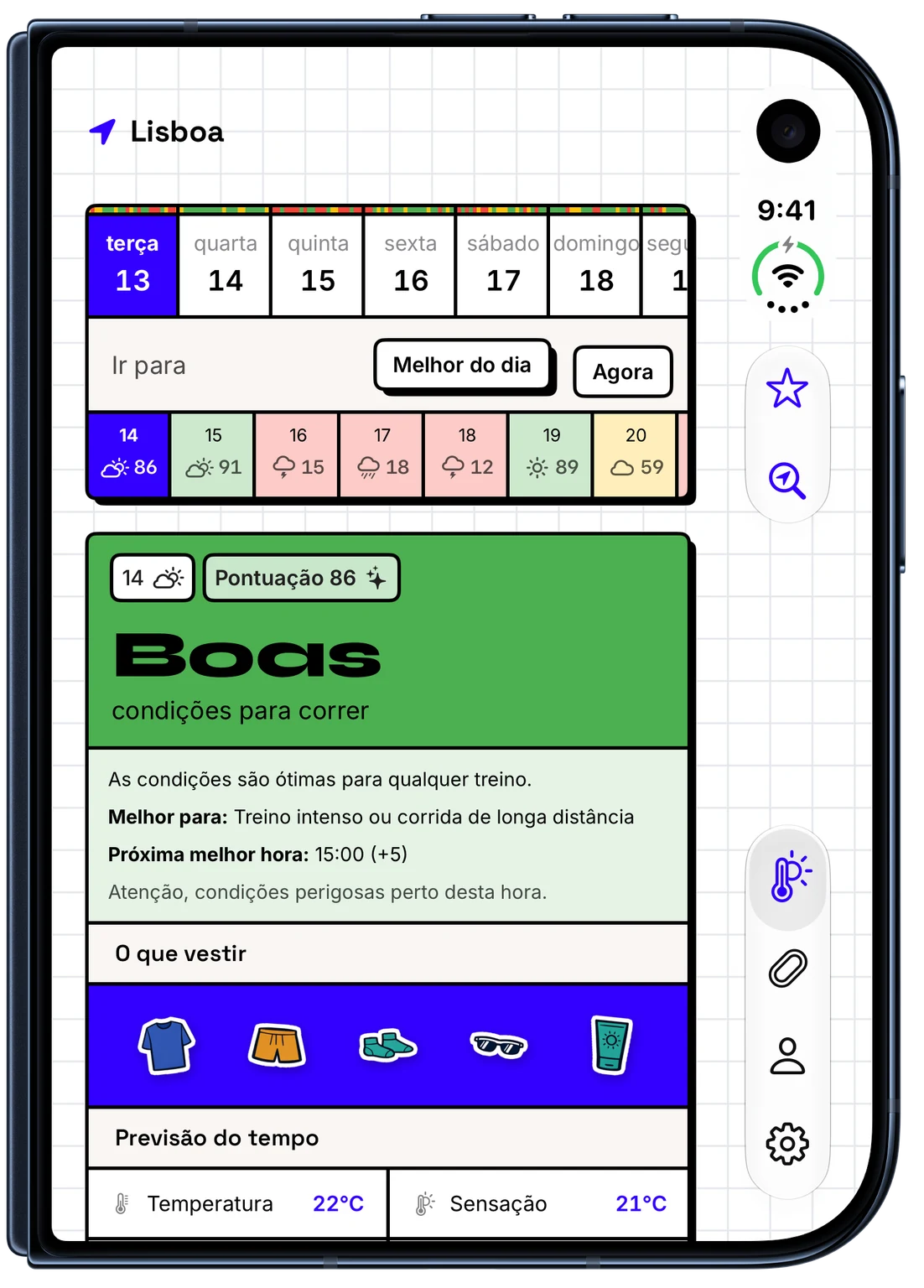 WeatherToRun mostra condições e equipamento de corrida por hora num iPhone (iPhone Duo)