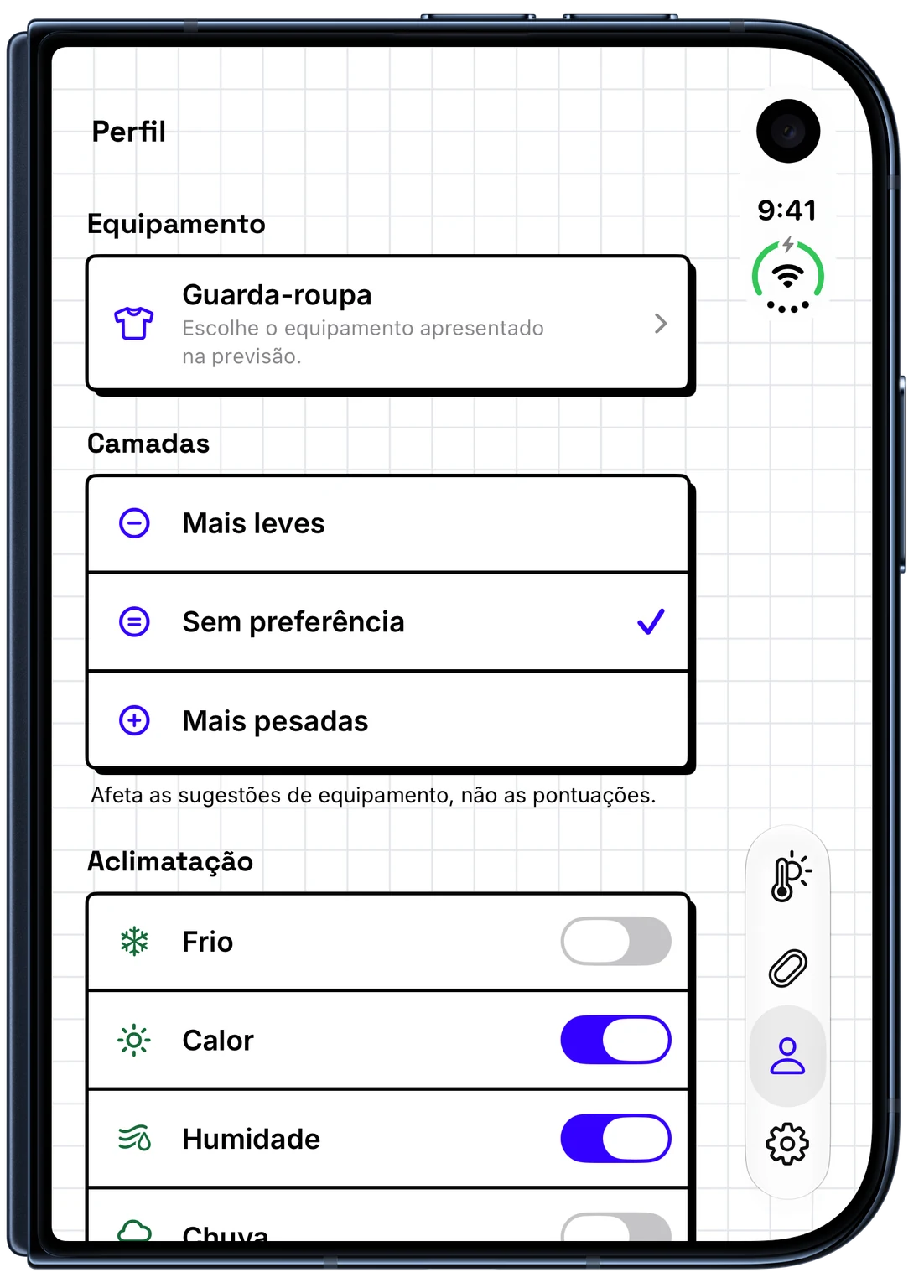 Perfil de corrida do WeatherToRun com controlos de camadas e aclimatação num iPhone (iPhone Duo)