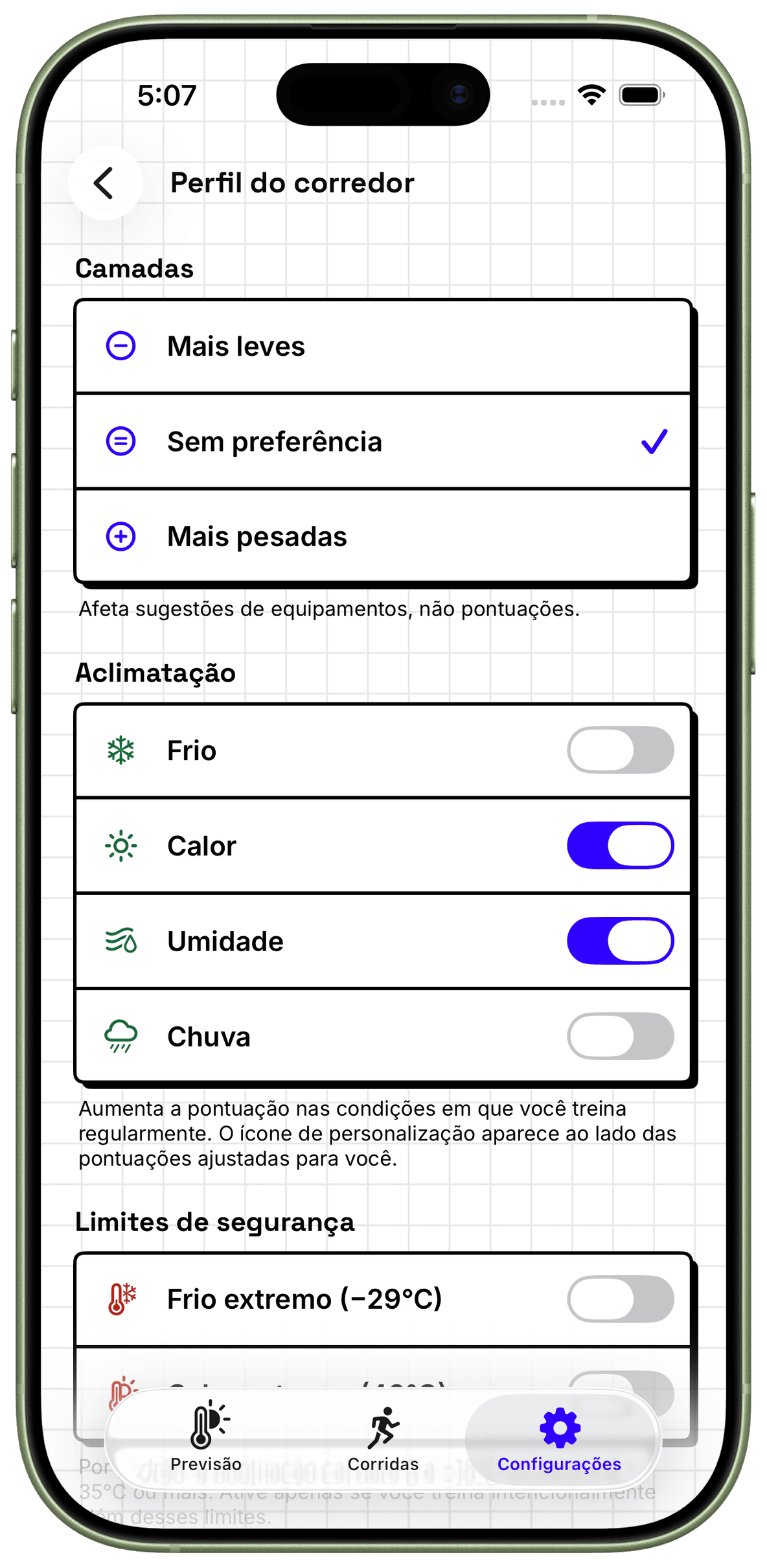 Perfil de corrida do WeatherToRun com controles de camadas e aclimatação em um iPhone