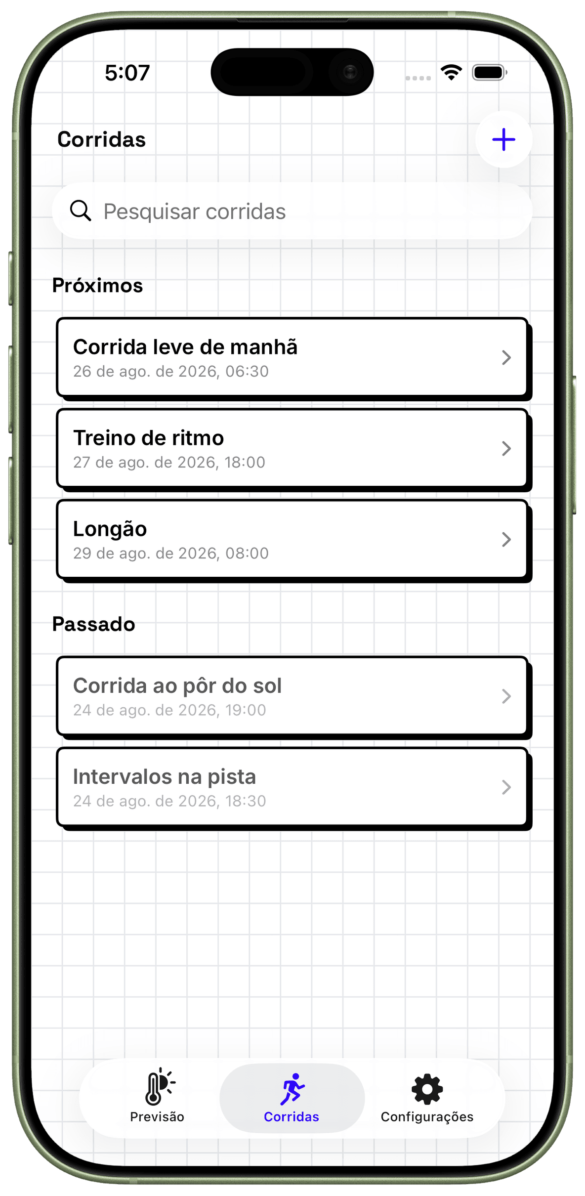 Corridas salvas, futuras e anteriores, no WeatherToRun para iPhone