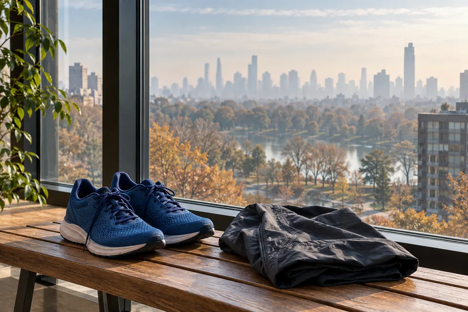 Blue running shoes and a jacket beside a window overlooking an autumn city park