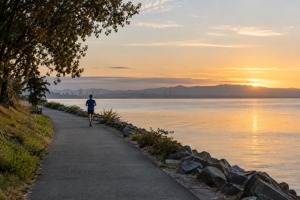 A runner following a quiet waterfront path at sunrise