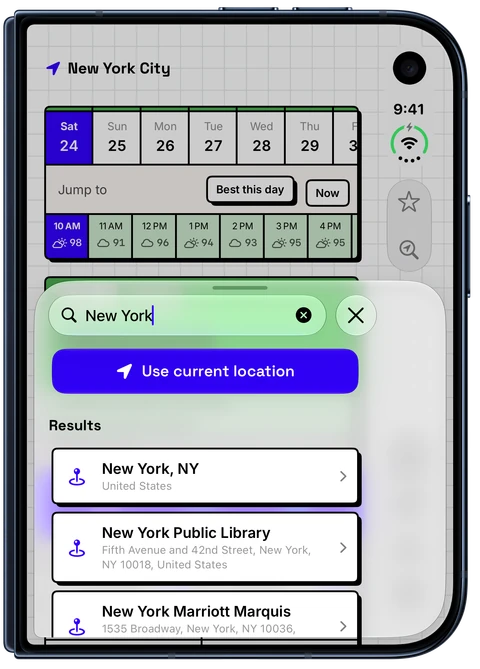WeatherToRun city search showing New York, NY, United States as the first result