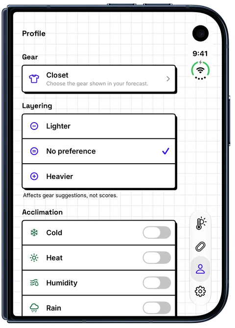 WeatherToRun Profile showing Closet and the Lighter, No preference and Heavier layering choices