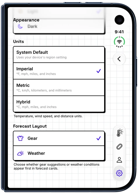 WeatherToRun Units settings with Imperial selected and its Fahrenheit, mph, miles and inches description