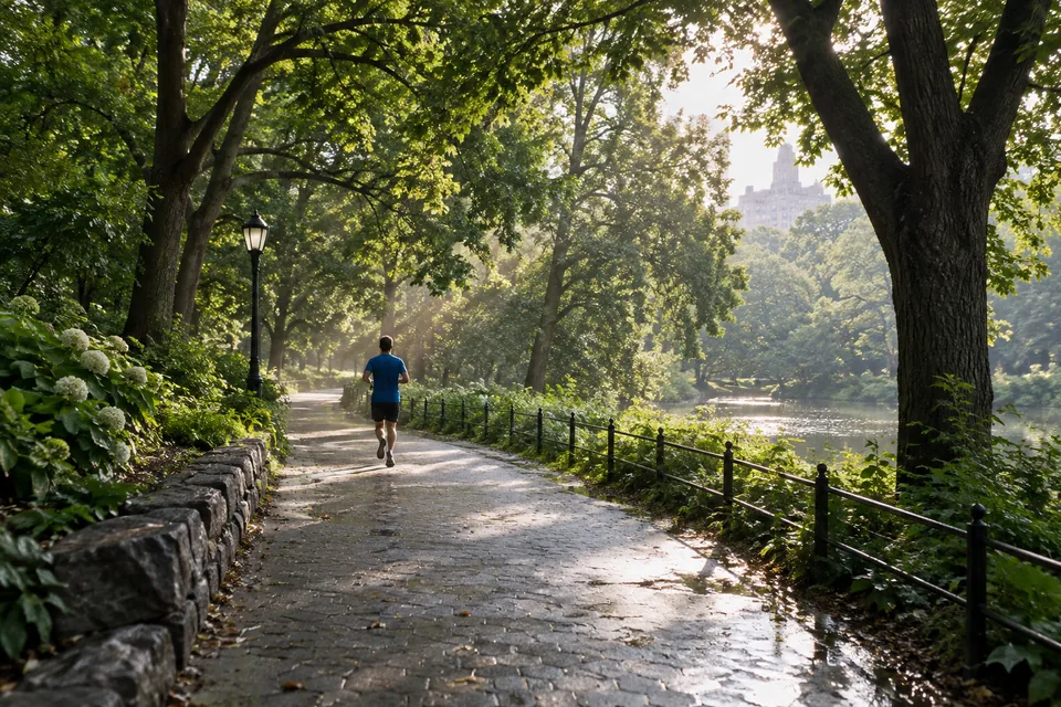 A runner on a shaded leafy park path on a warm morning
