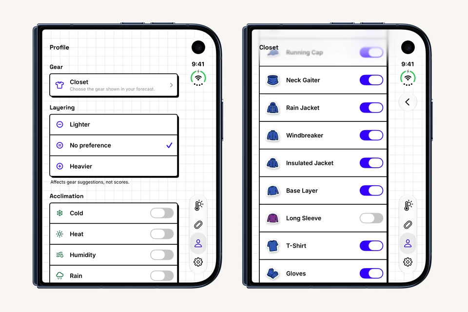WeatherToRun Profile and Closet on iOS 27.1 in matching iPhone Duo frames, with Long Sleeve switched off