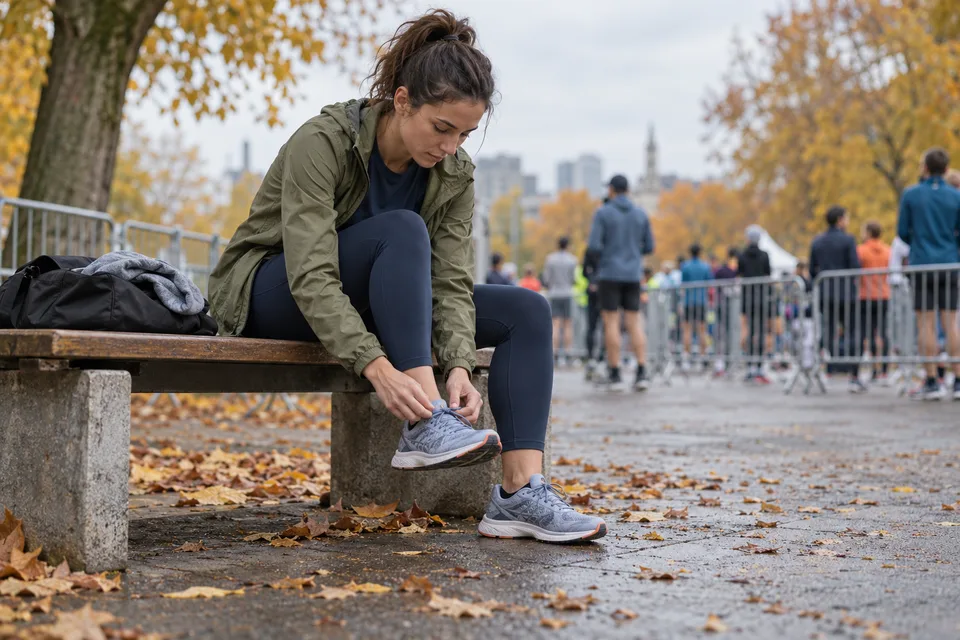Runner checking shoe laces beside a gear bag in an autumn race assembly area
