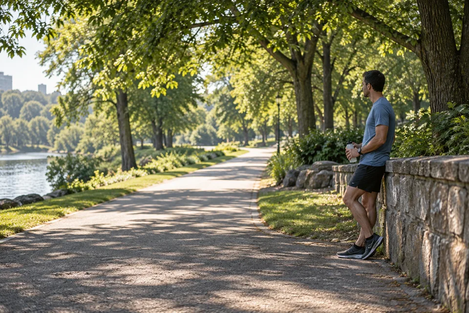 Runner holding a water bottle beside a shaded park path with sunlit pavement ahead