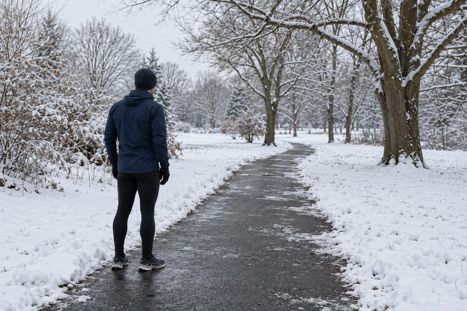 Runner paused on a partially cleared park path with snow on the grass and trees