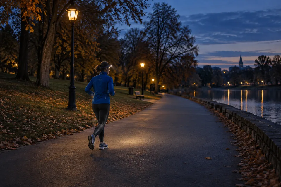 Runner wearing a headlamp on a lit park path at dusk