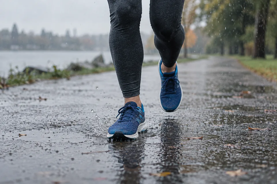 Running shoes splashing lightly on a rain-wet park path