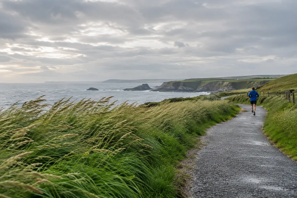A runner on a coastal path beside grasses bending in the wind