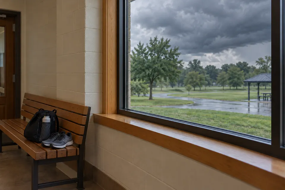 Running shoes and a bag on an indoor bench beside a closed window overlooking a stormy park