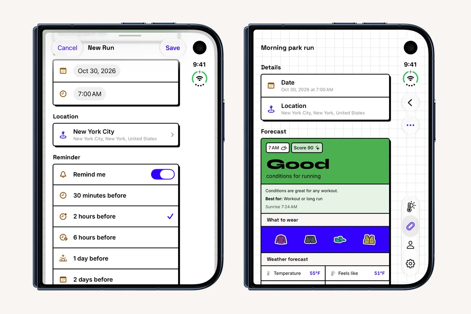Real WeatherToRun New Run and saved-plan screens on iOS 27.1 inside matching iPhone Duo frames