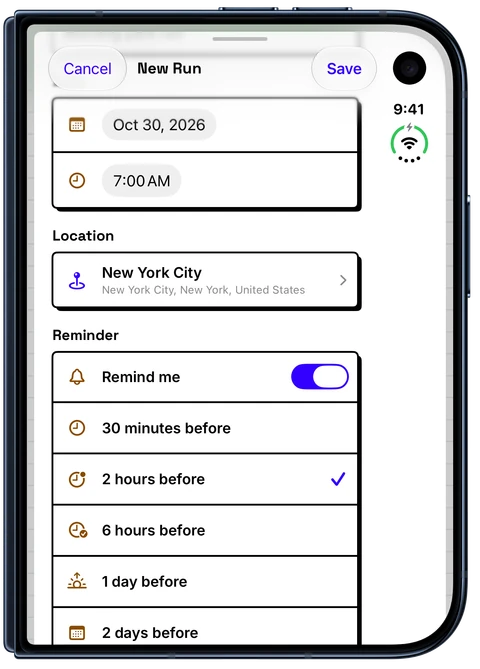 WeatherToRun New Run editor on iPhone Duo with October 30 at 7 a.m., New York City and a two-hour reminder