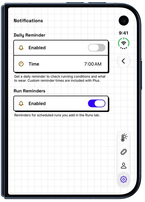 WeatherToRun Notifications on iPhone Duo with Run Reminders enabled and the separate Daily Reminder switched off
