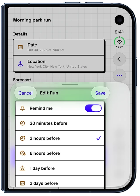 WeatherToRun Edit Run reminder settings on iPhone Duo, with Remind me on and 2 hours before selected