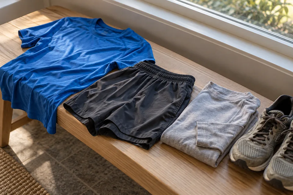 Running clothes and shoes laid out on a pale wooden bench